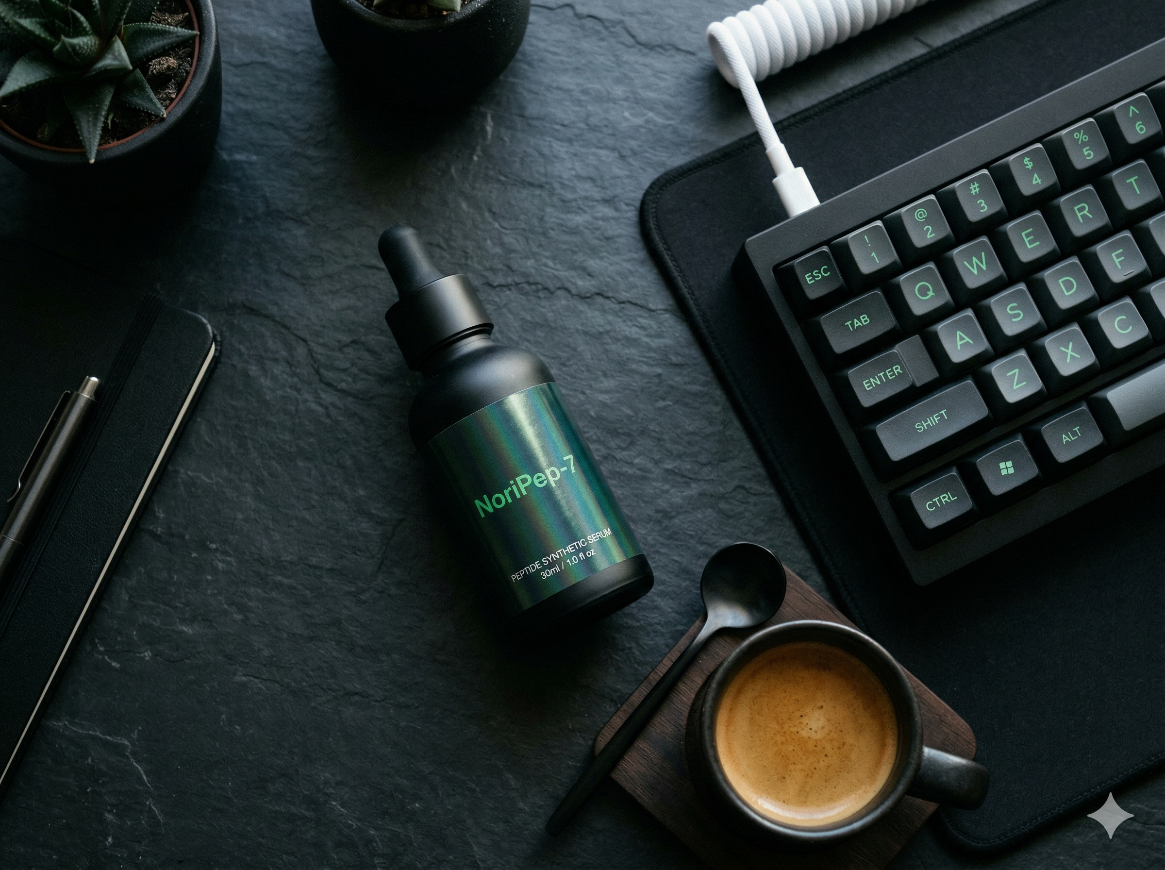 Flat-lay of NoriPep-7 dropper bottle next to a mechanical keyboard and espresso