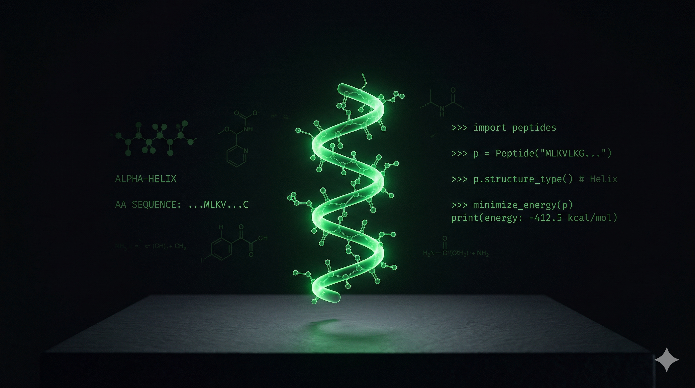 AI-generated glowing green peptide helix floating above a dark surface with code fragments