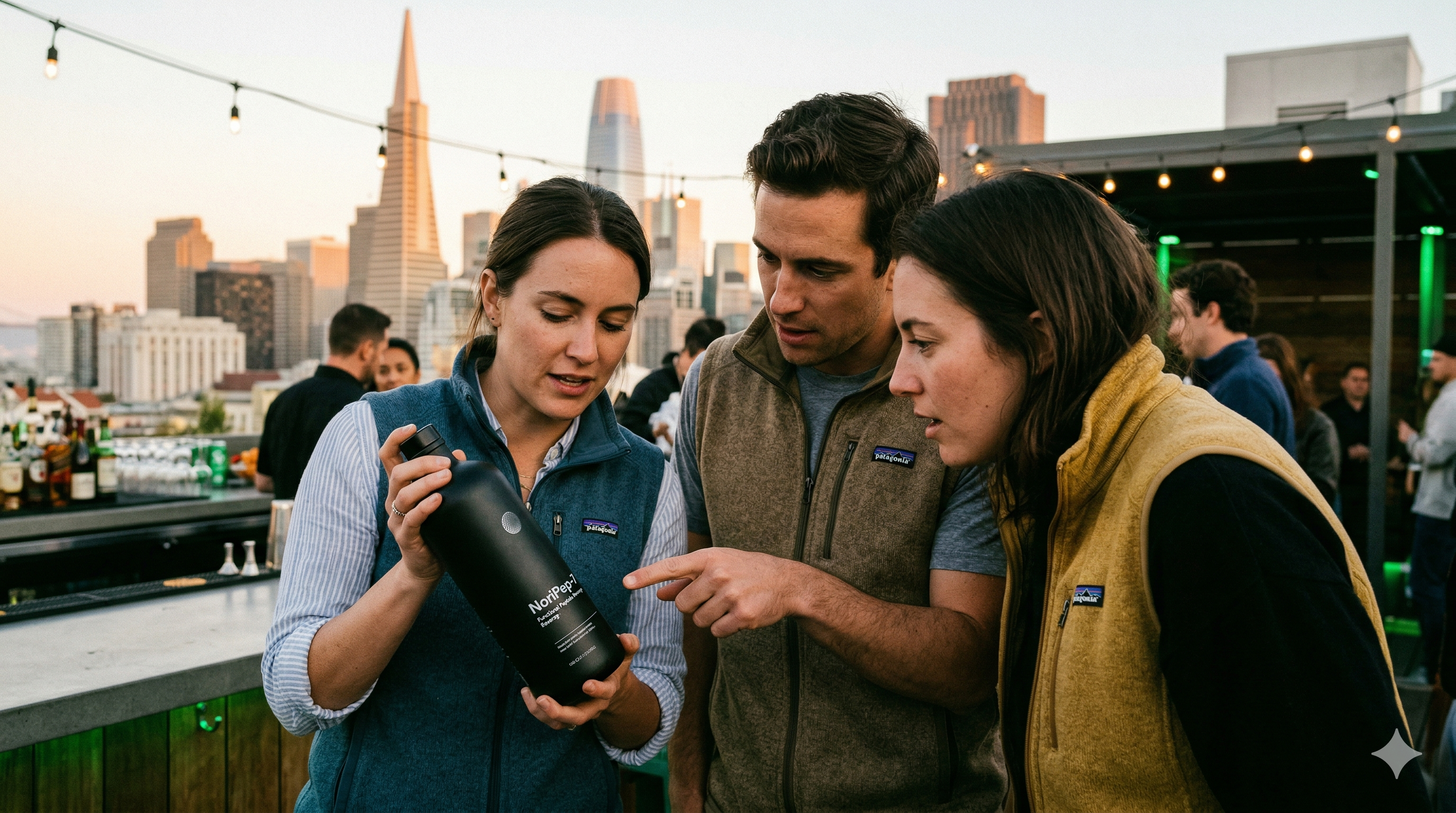 Researchers discussing NoriPep-7 results at an event in San Francisco